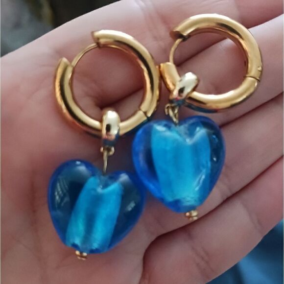 Blue Art Glass Heart Earrings - Picture 5 of 5